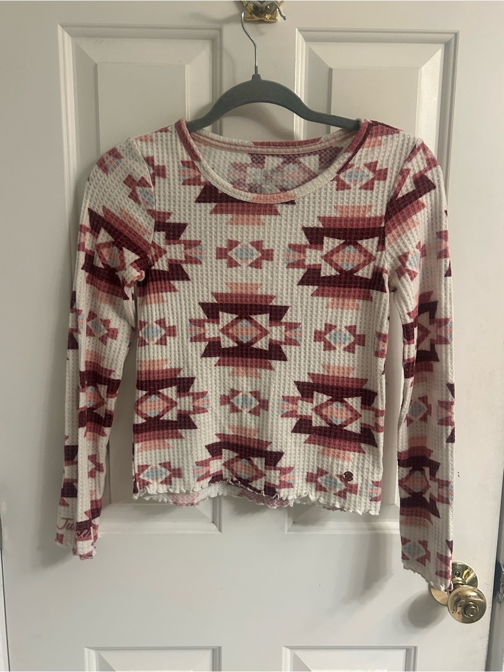 Girls Justice Cream and Burgundy Aztec Waffle-Knit Long Sleeve Top